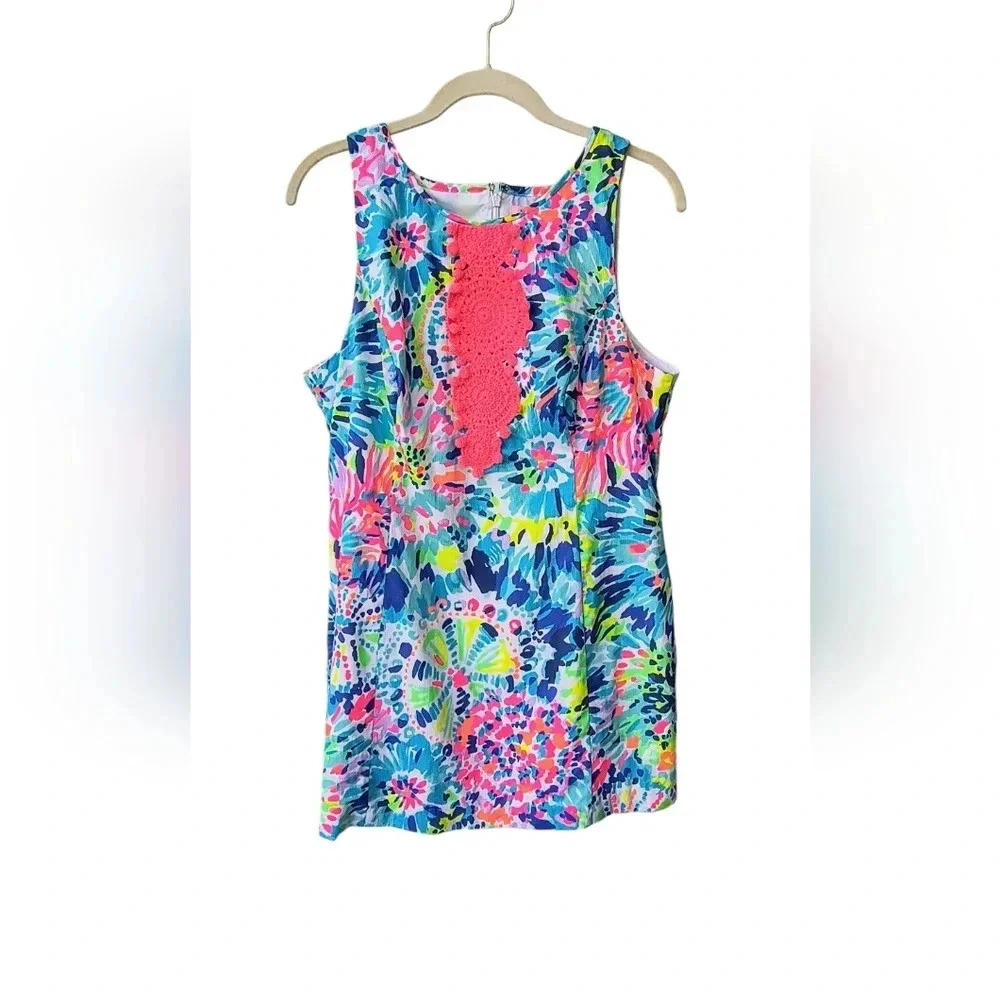 Lilly Pulitzer Adara Shift Multicolor Chest Crochet Tropical Preppy Dress, 12